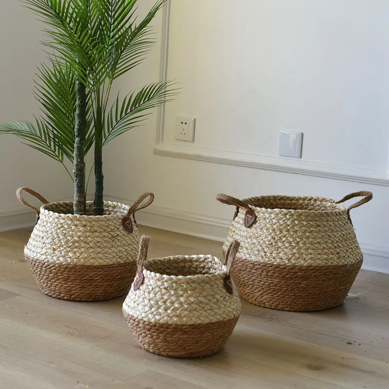 Natural seagrass material woven into a functional storage basket