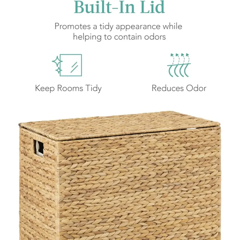 Large Natural Wicker Double Laundry Hamper with Lid and Washable Liner Bags for Bedroom Organization - Image 6