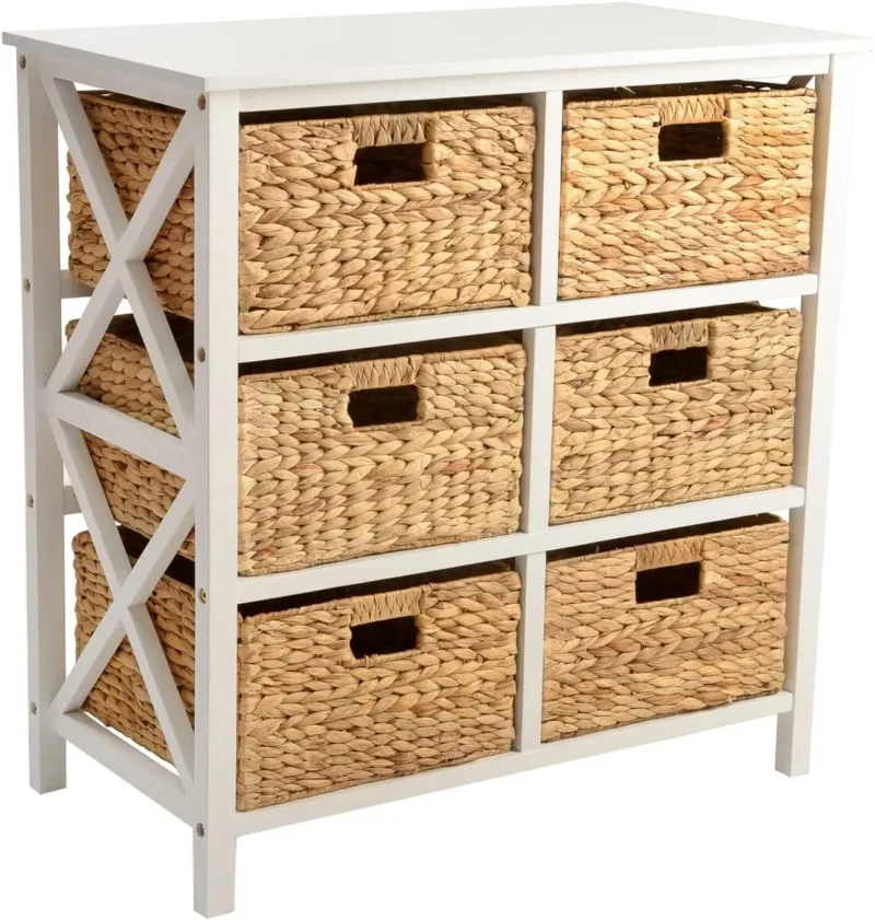 Rustic X-Side Storage Cabinet End Table with 6 Wicker Baskets for Bedroom Organization - Image 10