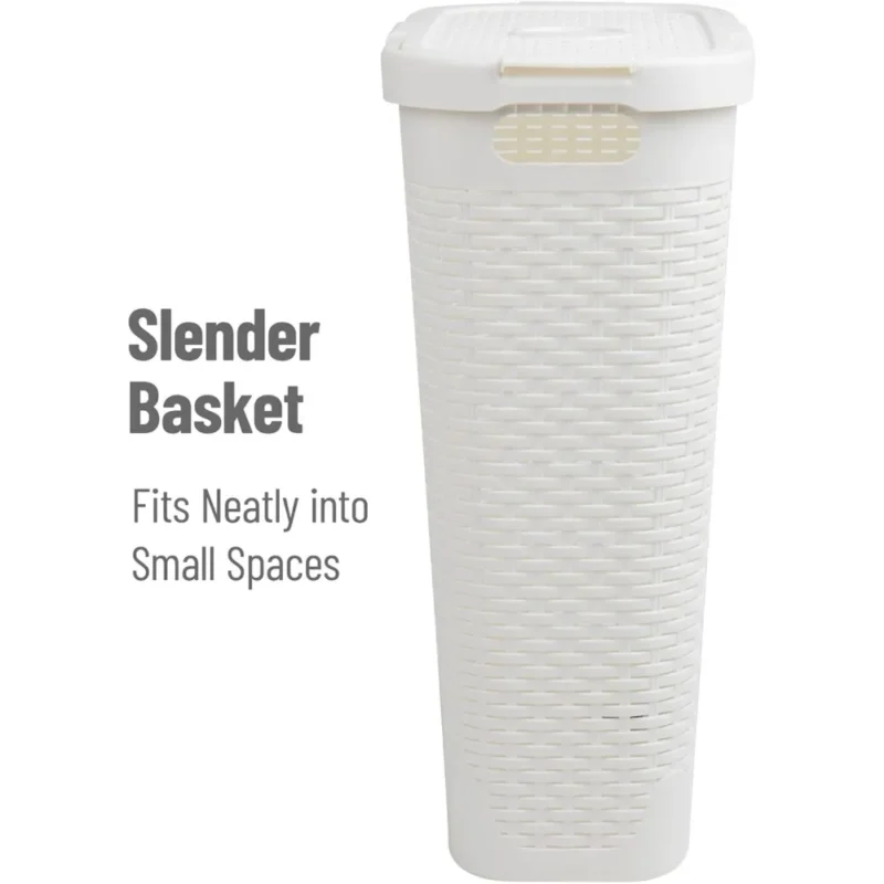 Slim White Plastic Wicker-Design Laundry Hamper with Lid for Bathroom Organization (40L) - Image 6