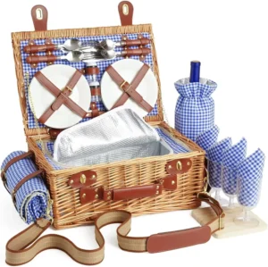 Deluxe Wicker Picnic Basket Set with Cooler Compartment, Blanket and Cutlery for 4 Person Outdoor Dining