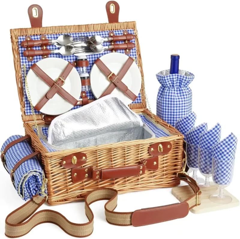 Deluxe Wicker Picnic Basket Set with Cooler Compartment, Blanket and Cutlery for 4 Person Outdoor Dining