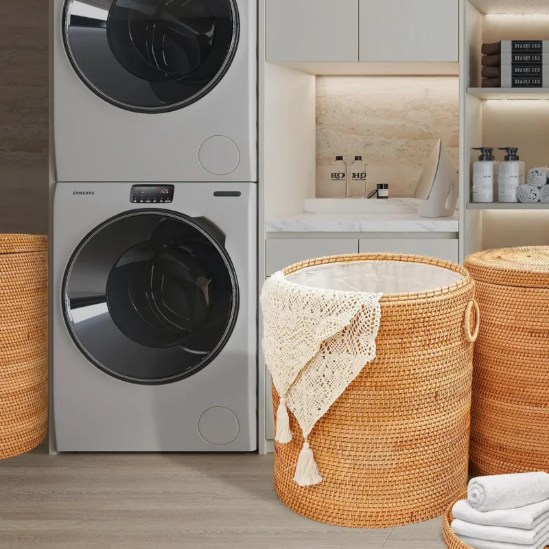 Large Round Rattan Laundry Basket With Liner Bag and Handle for Bathroom Organization - Image 2