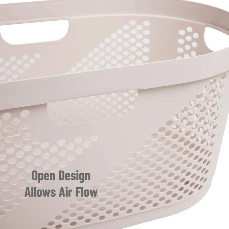 Large Ivory Wicker-Design Plastic Laundry Hamper with Handles for Clothes Storage - Image 5