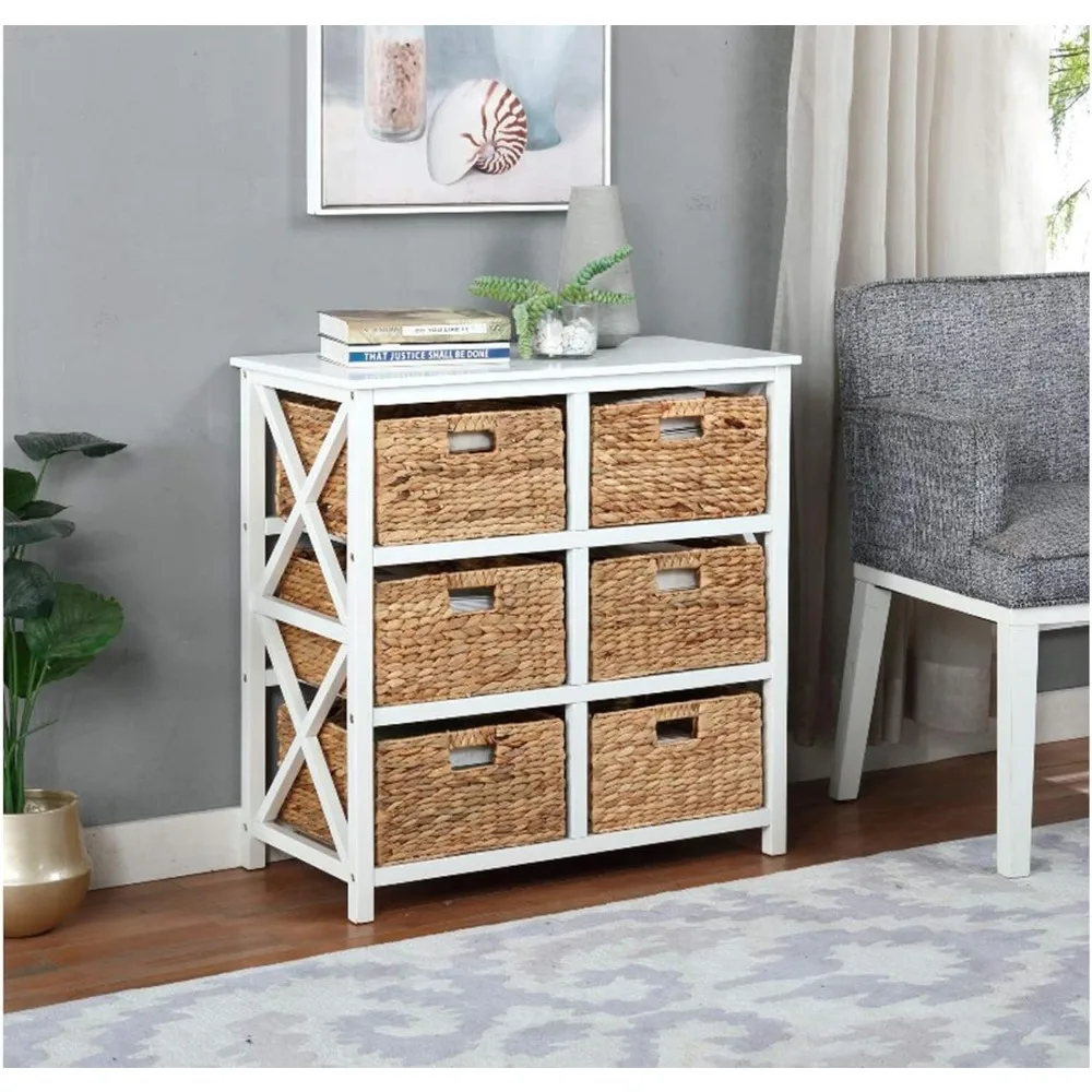 Tall wicker storage system creating elegant bedroom organization