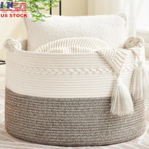 Large Woven Cotton Rope Storage Basket with Handles for Laundry and Toy Organization