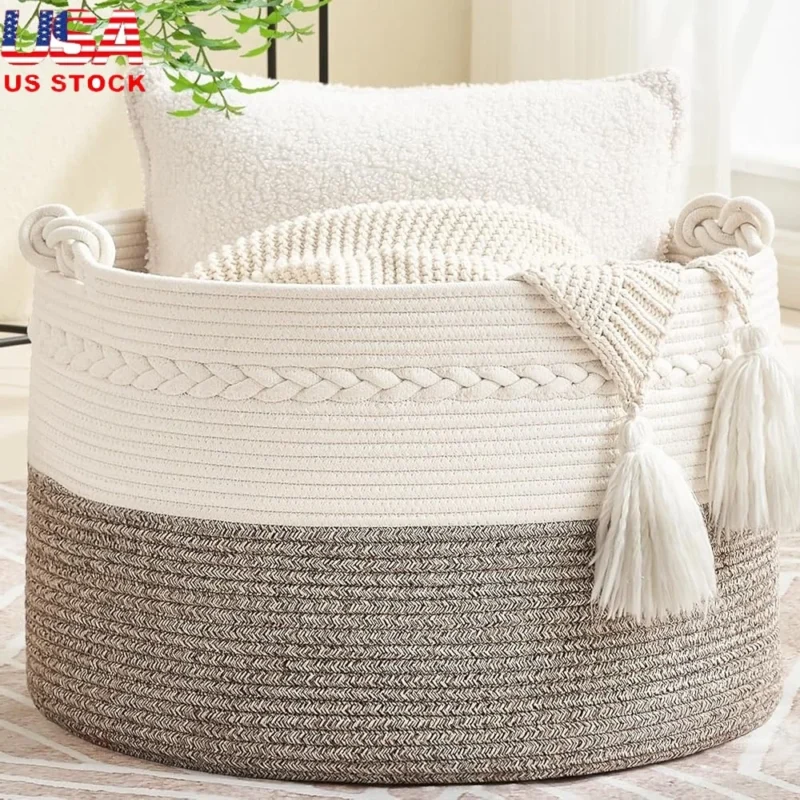 Large Woven Cotton Rope Storage Basket with Handles for Laundry and Toy Organization