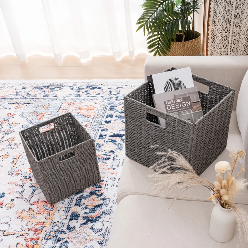 Large Square Hand-Woven Wicker Storage Baskets with Handles for Home Organization and Bedroom Decor - Image 3