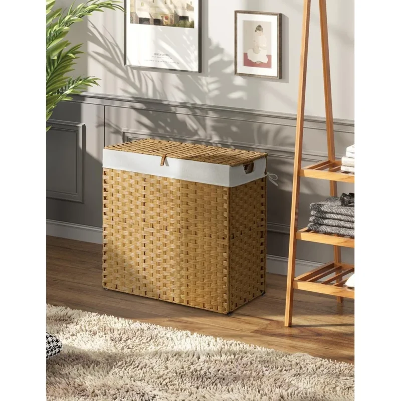 Large Handwoven Wicker Laundry Hamper with Lid and Dual Compartments for Bedroom Organization - Image 5