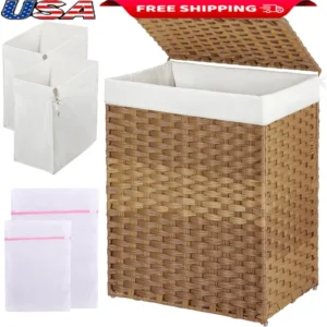 Large Handwoven Synthetic Rattan Laundry Hamper with Lid and Detachable Liner for Bathroom Storage