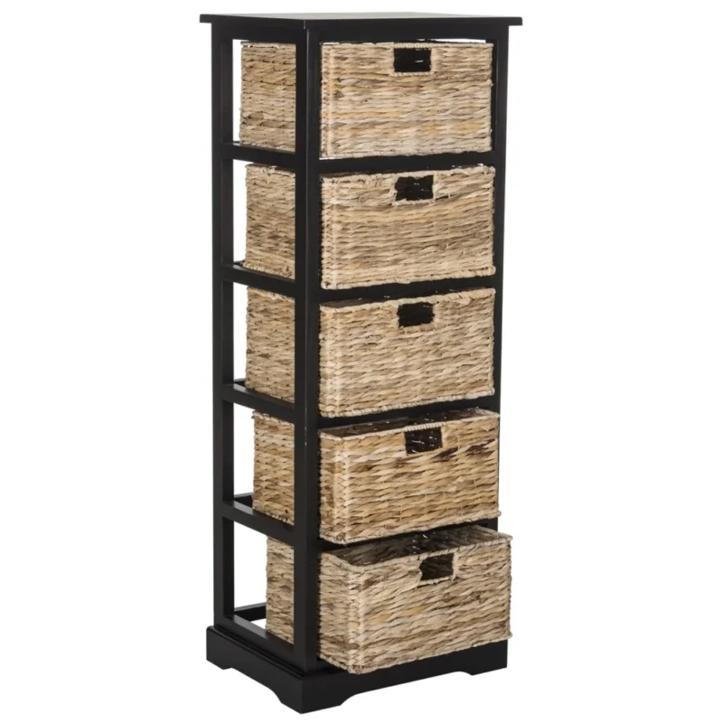 5-Tier Distressed Black Wood Frame Storage Tower with Removable Wicker Baskets for Home Organization - Image 5