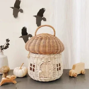 Handwoven Mushroom Rattan Basket with Handle for Picnic Storage and Children's Room Decoration