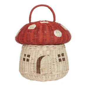 Handcrafted Mushroom Shaped Rattan Picnic Basket with Handle for Beach Outings and Kids Storage