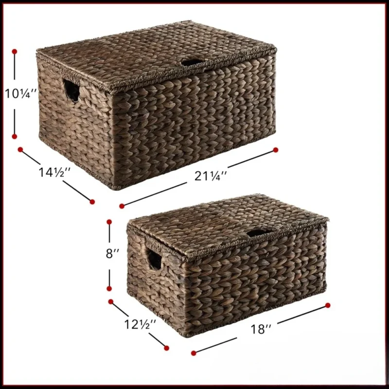 Handwoven Water Hyacinth Rectangular Storage Baskets with Lids Set of 2 for Home Organization Shelves - Image 6