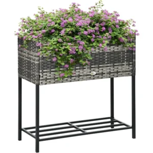 Round Gray Rattan Elevated Planter Box with Storage Shelf for Herbs, Vegetables and Flowers