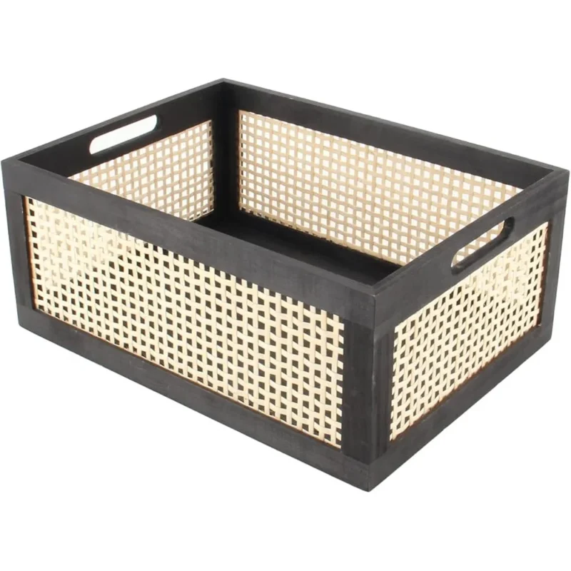 Medium Black Rattan Storage Basket with Wooden Frame for Home Organization and Decoration - Image 2