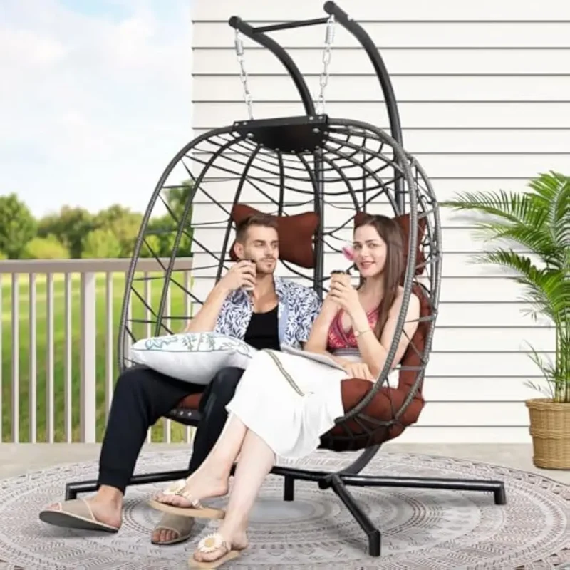 Extra Large Double Hanging Egg Chair with Stand Wicker Patio Swing Basket for Two Adults - Image 7