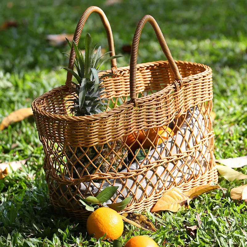 Natural rattan picnic basket demonstrating typical construction and weaving patterns