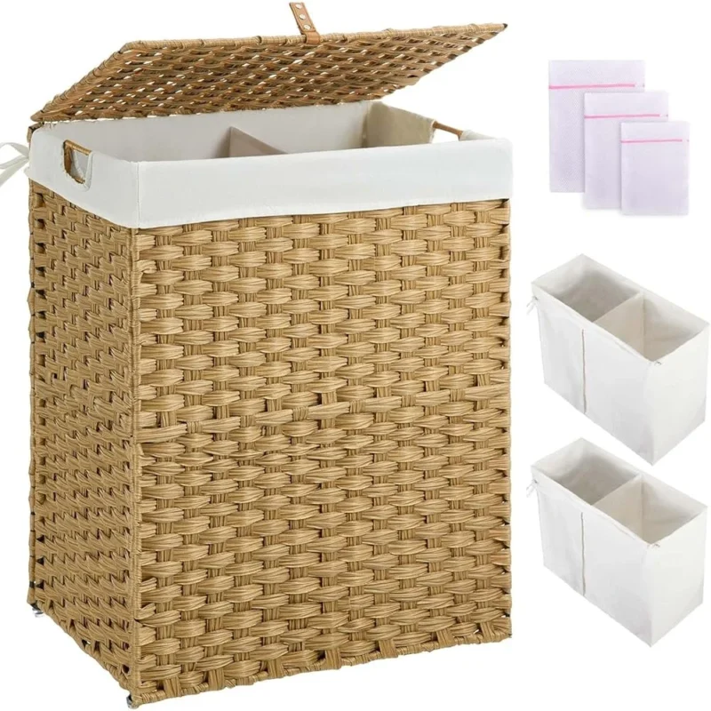 Large Handwoven Wicker Laundry Hamper with Lid and Dual Compartments for Bedroom Organization - Image 4