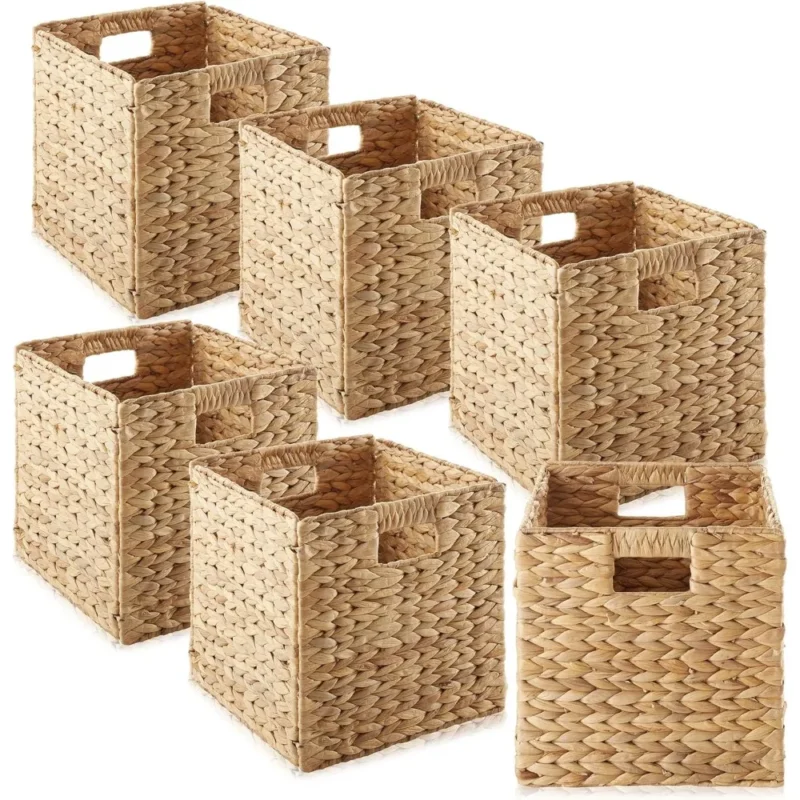 Handwoven Water Hyacinth Storage Basket Set with 6 Collapsible Cubes for Home Organization and Bathroom Storage - Image 3
