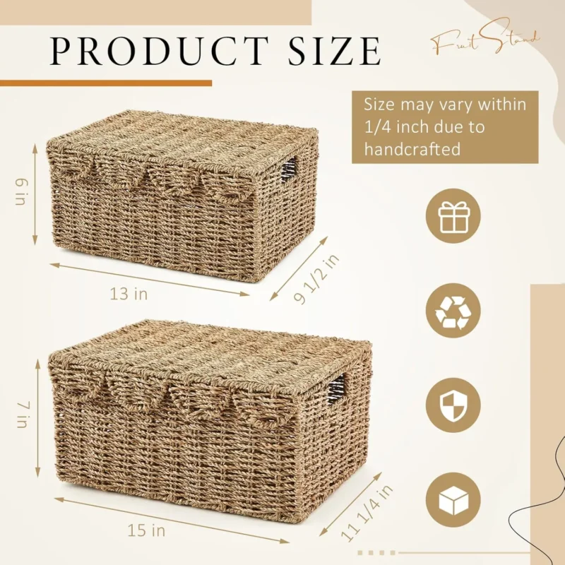 Handcrafted Scalloped Edge Wicker Storage Baskets with Lid and Handles for Home Organization - Image 3