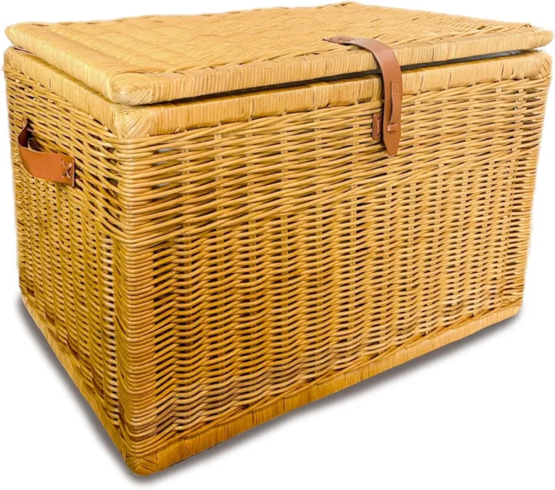 Large Rectangular Natural Rattan Wicker Storage Trunk with Lid and Handles for Blankets and Home Organization - Image 8
