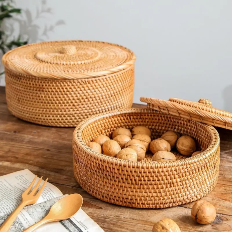 Natural Handcrafted Wicker Storage Basket with Lid for Home Organization and Shelf Display - Image 6