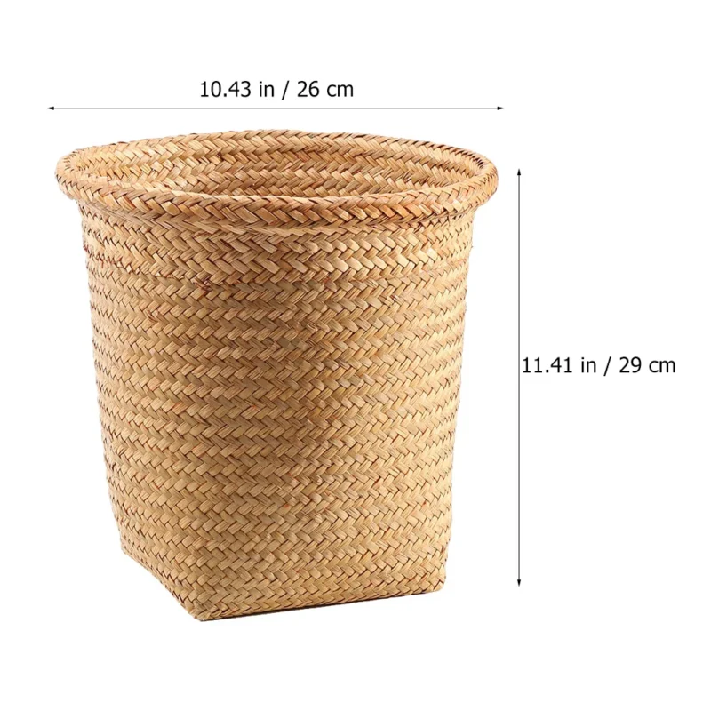 Handwoven Natural Wicker Waste Basket with Seagrass Accents for Bathroom Office Storage - Image 4
