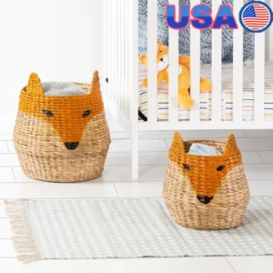 Adorable Fox Shaped Wicker Storage Basket Set with Handles for Kids Room Toy Organization