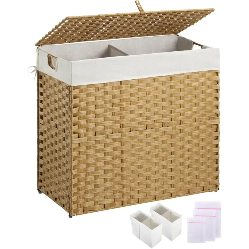 Large Rectangular Wicker Laundry Hamper with Lid and Removable Liners for Bedroom Bathroom Storage - Image 2