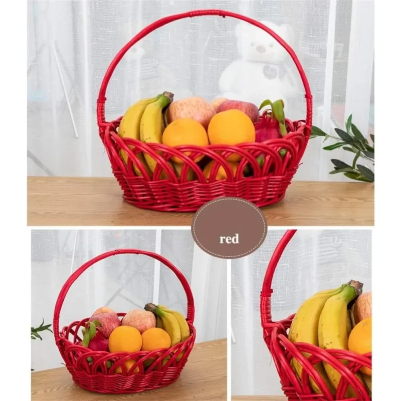Oval Red Wicker Picnic Basket with Handles for Food Storage and Outdoor Dining - Image 2
