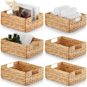 Handwoven Water Hyacinth Storage Baskets Set of 6 with Carrying Handles for Home Organization