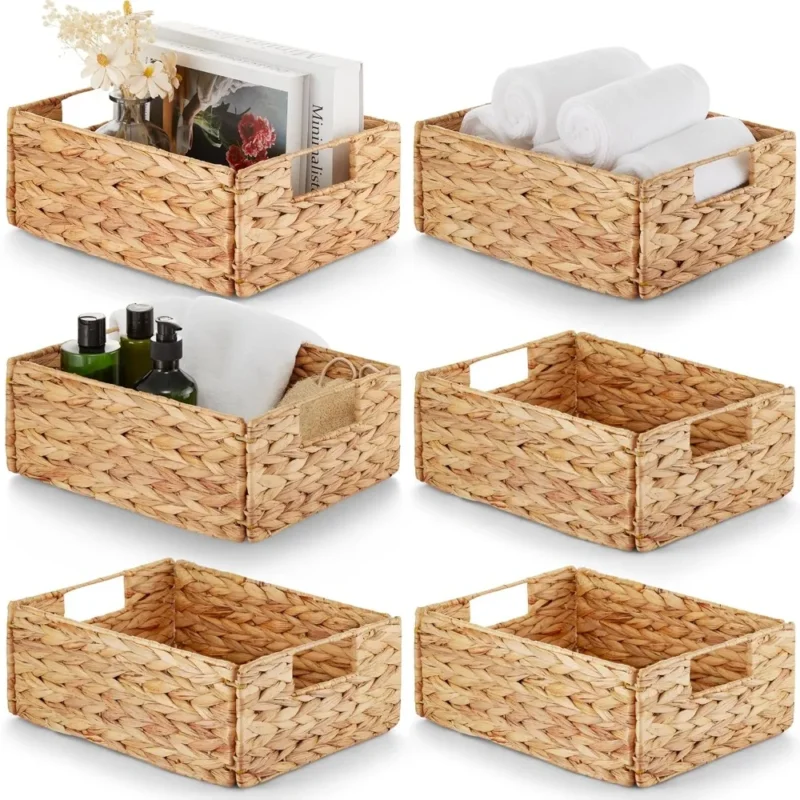 Handwoven Water Hyacinth Storage Baskets Set of 6 with Carrying Handles for Home Organization