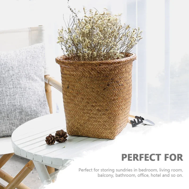 Handwoven Natural Wicker Waste Basket with Seagrass Accents for Bathroom Office Storage - Image 5