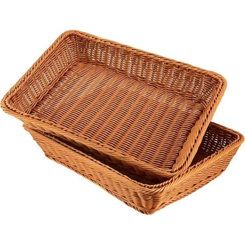 Rectangular Natural Poly-Wicker Bread Baskets Set of 3 with Handles for Food Serving and Kitchen Organization - Image 3