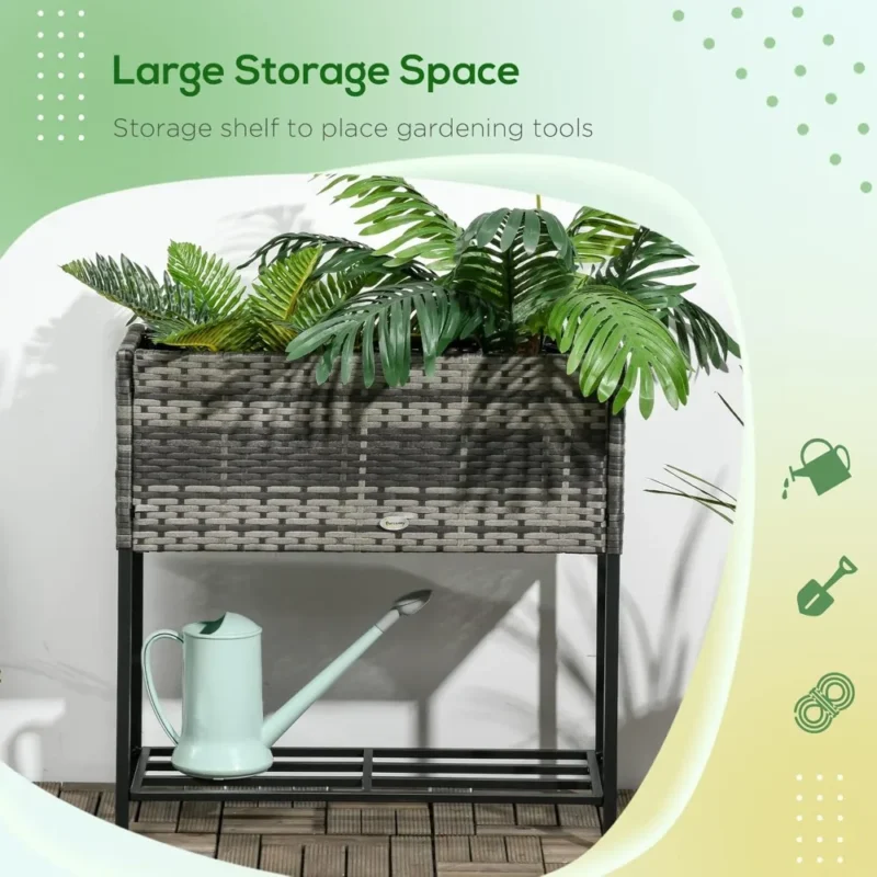 Round Gray Rattan Elevated Planter Box with Storage Shelf for Herbs, Vegetables and Flowers - Image 2