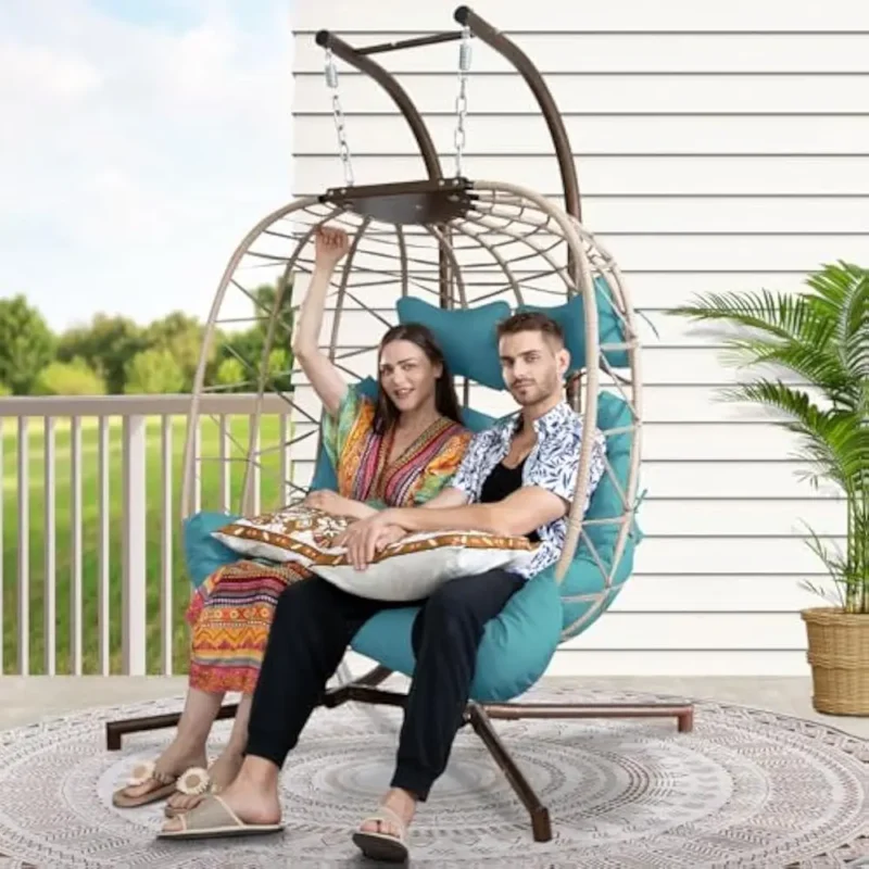 Extra Large Double Hanging Egg Chair with Stand Wicker Patio Swing Basket for Two Adults - Image 10