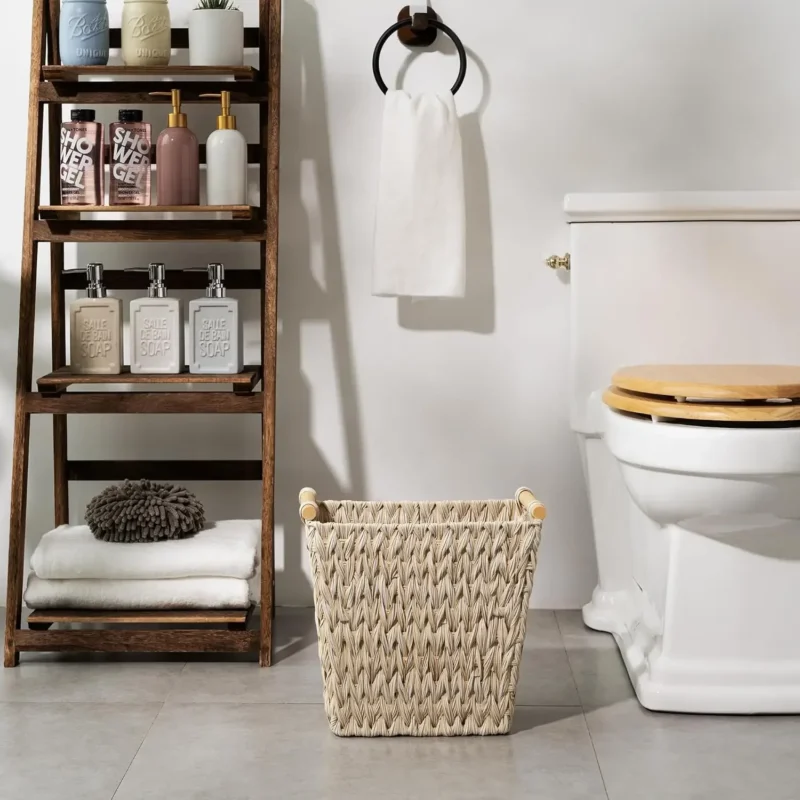 Natural Wicker Bathroom Waste Basket with Waterproof Liner for Home Bathroom Decor