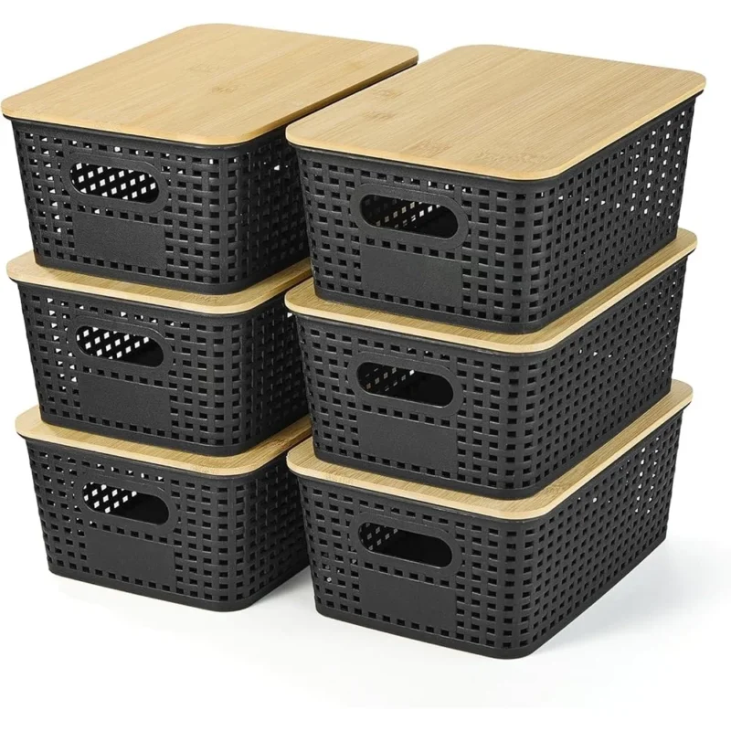 Stackable Woven Storage Baskets with Bamboo Lid for Home Office Kitchen Organization - Image 2