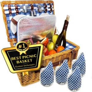 Insulated Wicker Picnic Basket with Handles and Complete Dinnerware Set for Outdoor Dining