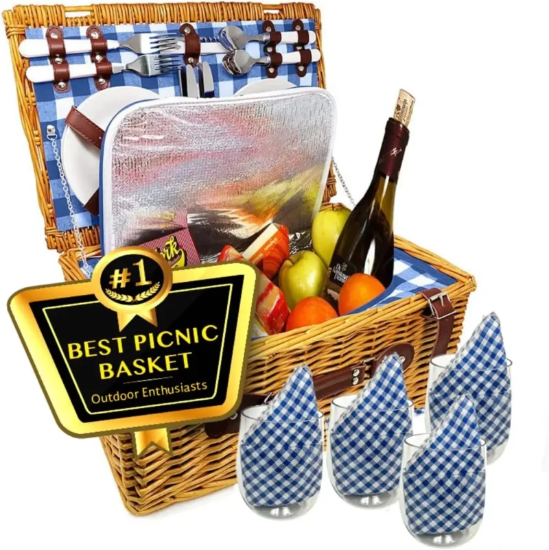 Insulated Wicker Picnic Basket with Handles and Complete Dinnerware Set for Outdoor Dining