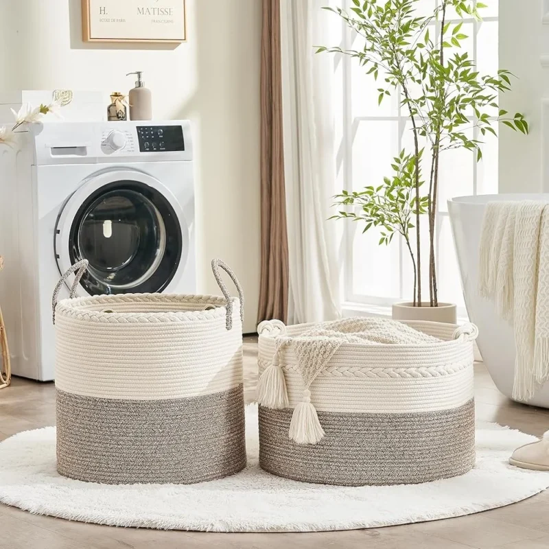 Large Woven Cotton Rope Storage Basket with Handles for Laundry and Toy Organization - Image 4