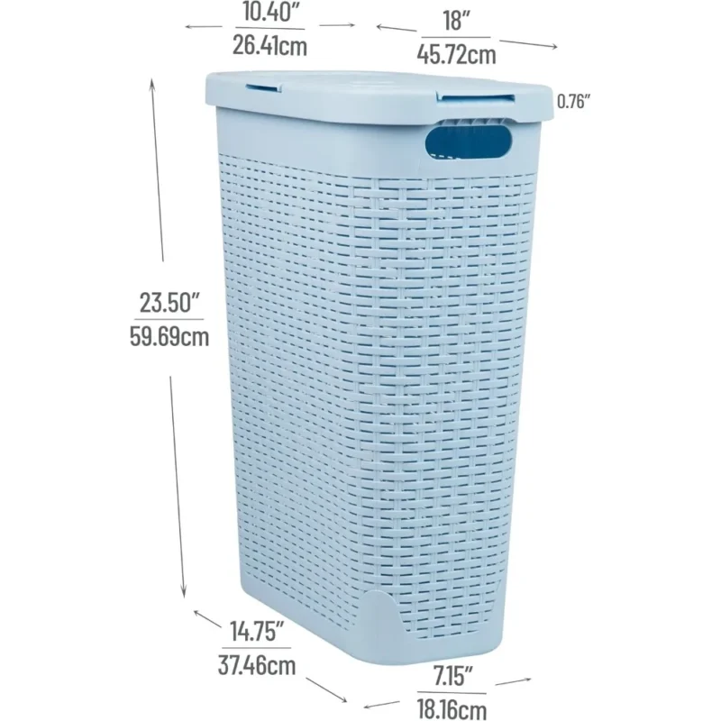 Slim Baby Blue Wicker-Style Laundry Hamper with Lid for Bathroom Storage Organization 40L - Image 3