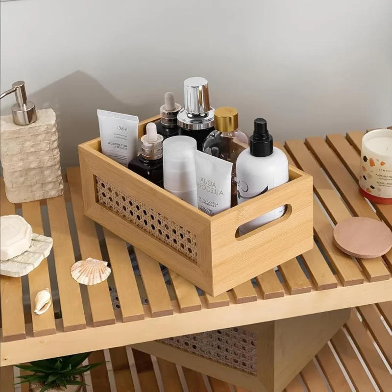 Handcrafted Natural Rattan Storage Basket with Wooden Frame and Handles for Home Organization - Image 4
