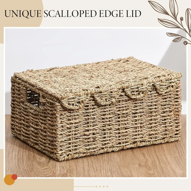 Handcrafted Scalloped Edge Wicker Storage Baskets with Lid and Handles for Home Organization - Image 6