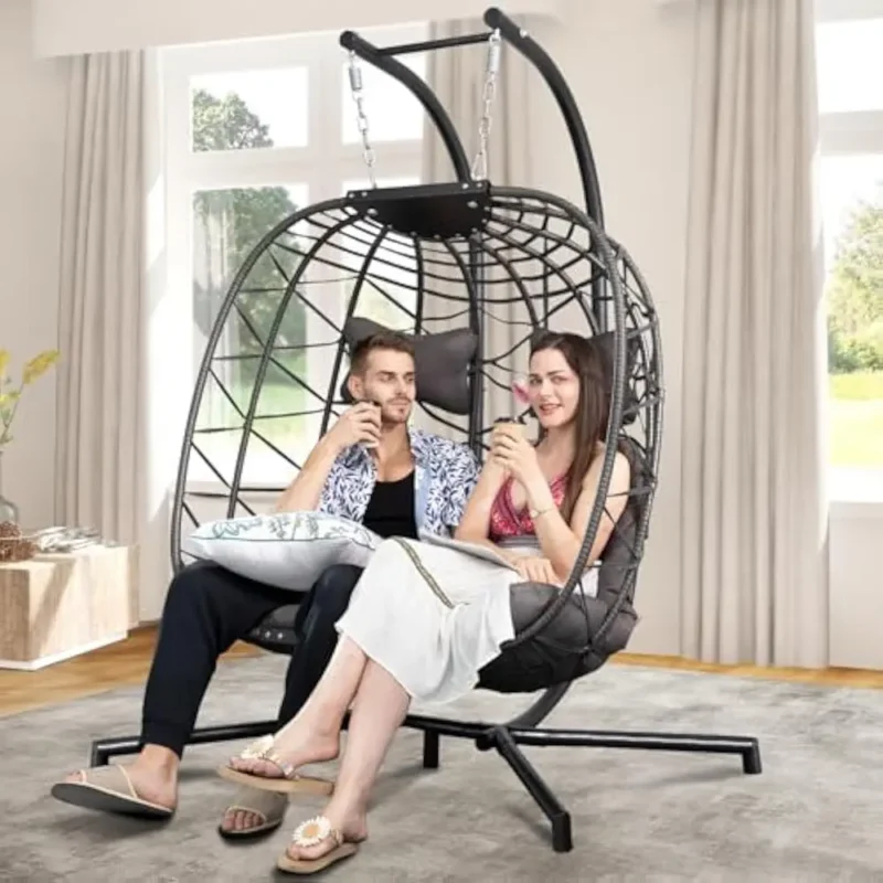 Extra Large Double Hanging Egg Chair with Stand Wicker Patio Swing Basket for Two Adults - Image 15