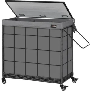 Large Triple-Section Wooden Laundry Hamper with Wheels and Removable Liner for Bathroom Organization