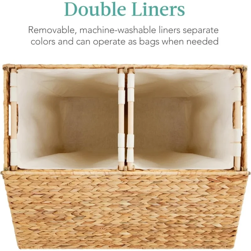 Large Natural Wicker Double Laundry Hamper with Lid and Washable Liner Bags for Bedroom Organization - Image 3