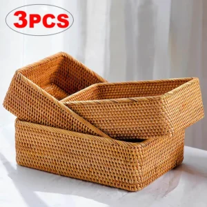 Rectangular Handwoven Rattan Storage Basket with Handles for Home Organization and Pantry Storage