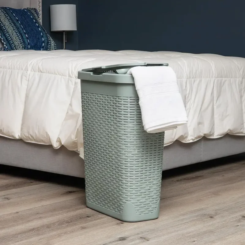 Slim 40L Wicker Laundry Hamper with Lid for Space-Saving Clothes Storage - Image 3